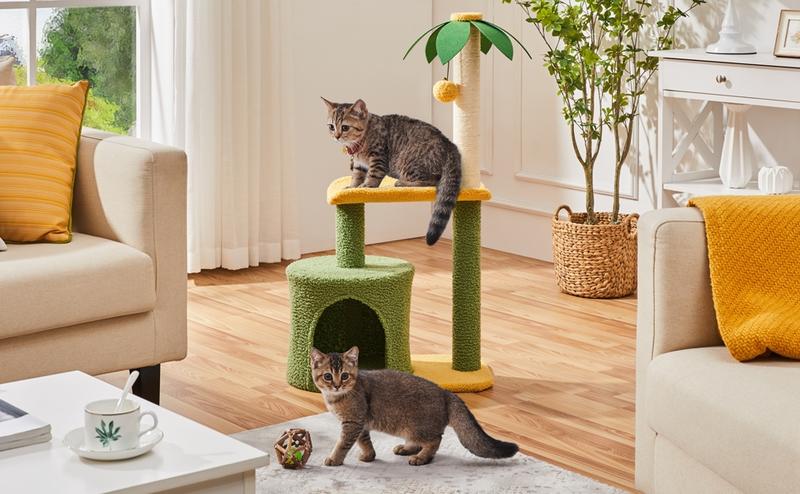 Yaheetech 37in Coconut Palm Cat Tree with Green Leaves, Scratching Post Large Condo,  Bending Perch Activity Center for Indoor Cats Green/Yellow