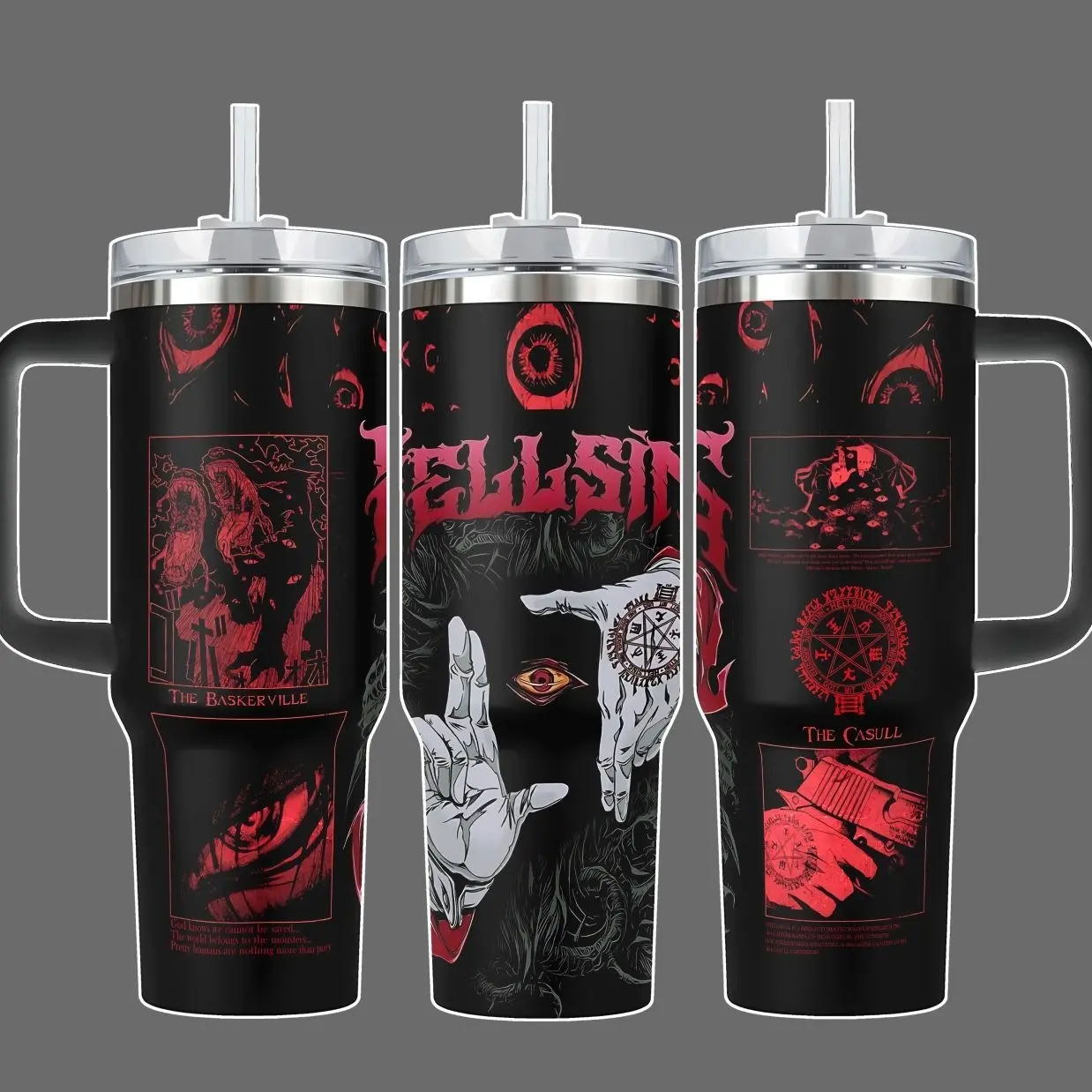Alucard Hellsing Stainless Steel Insulated Travel Tumbler With Handle 20oz 40oz Vampire Occult Crimson Eyes Anime Wrap Design