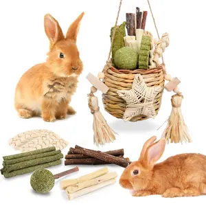 Rabbit Toy Reed Grass Hanging Basket Chews Woven Bunny Chewing Timothy Cake Wood Treats for Small Pets Safe Multifunctional Chew Toys