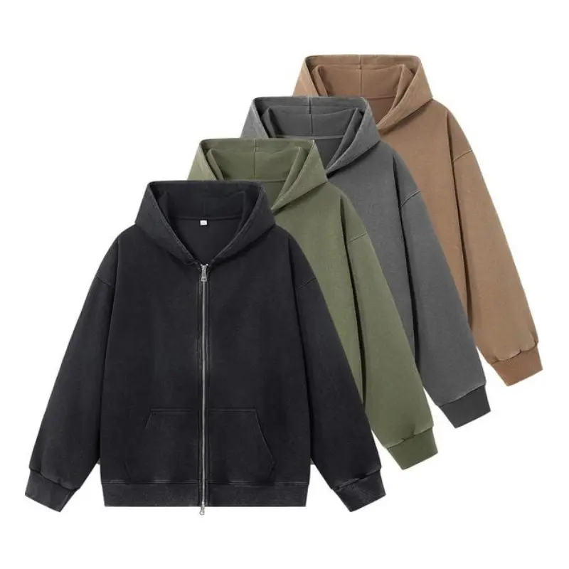 Men's Vintage Wash Full-Zip Hoodie, Plain Plush Fleece Sport Jacket with Kangaroo Pockets, Unisex Long Sleeve Outerwear for Streetwear