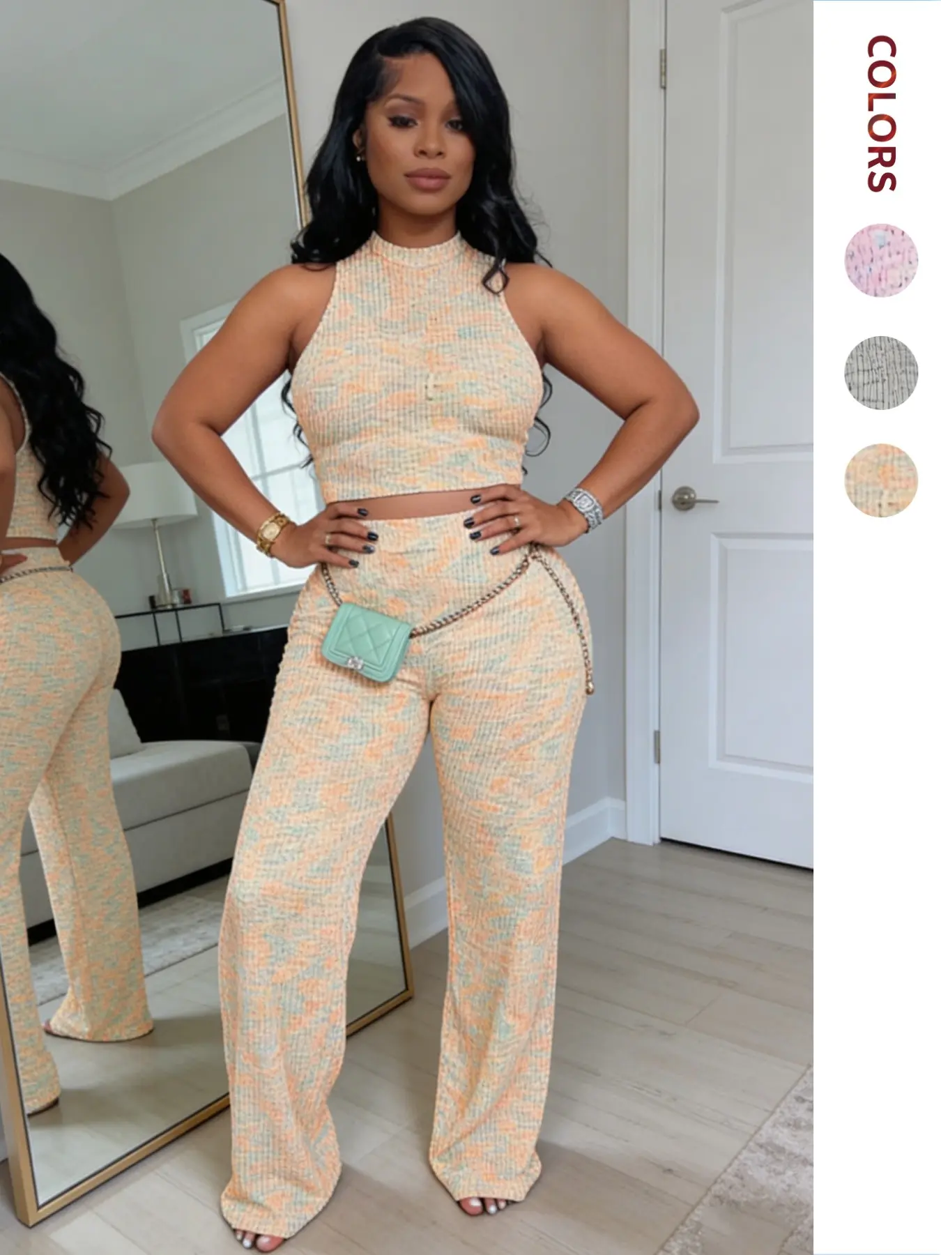Women's Fashion Striped Print Halter Round Neck Sleeveless High Waist Wide Leg Pants Set, Casual Curve Show Design, Daily Outdoor Party Wear Womenswear, Clothing Sets