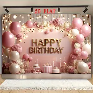 Summervibes Reusable 60x40 Inches Polyester 2D Flat Banner, 1pc Happy Birthday Decor with Pink and Golden Balloon Theme, Festive Party Backdrop for Home Supplies,summervibes