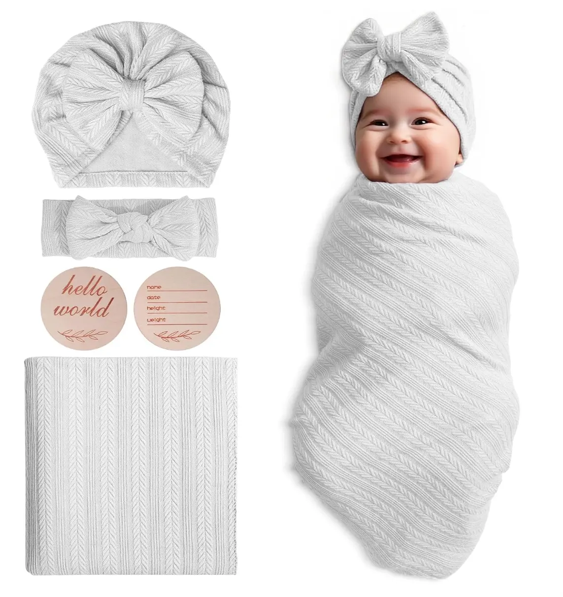 Golener Newborn Receiving Blanket, Muslin Swaddle Blanket for Girl and Boy | Stretchy Baby Blankets with Bow Headbands, Hats Set and Name Announcement Card, Unisex, Perfect for Newborn Photos (White)