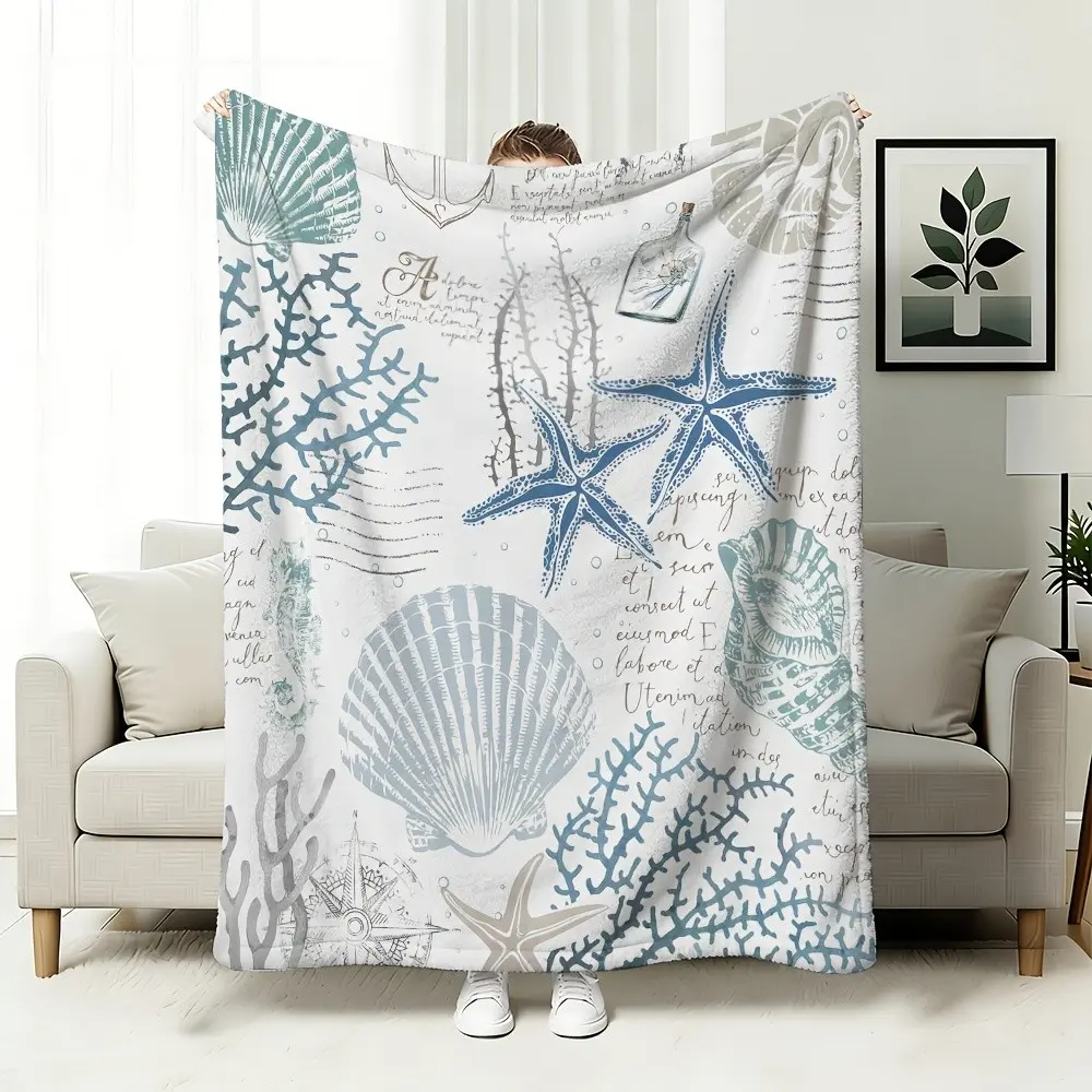 A starfish and shell blanket, coral sailing coast, ocean coral beach, blue and blue retro ocean wall decoration, suitable for sofas, sofas, beds, comfortable plush and lightweight