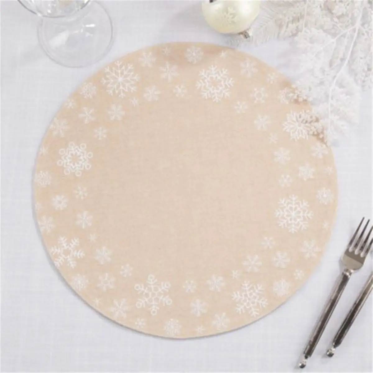 14 in. Round Embroidered Snowflakes Placemats, Natural - Set of 4
