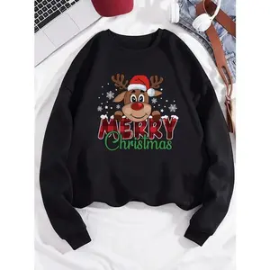 Cozy Fleece-Lined Christmas Reindeer & Snowflake Print Sweatshirt for Women - Casual Pullover with Crew Neck, Machine Washable