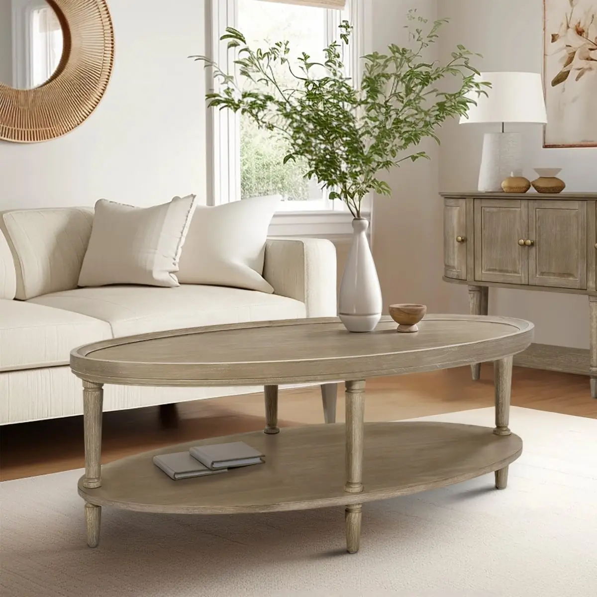 Martha Stewart Ayanna Pattern Oval Storage Coffee Table (MT120-1200) - Single Unit, 48x24x17 in. Reclaimed Greige Wood Veneer Farmhouse Indoor Furniture, Fixed Shelf, Raised Edge, Turned Legs, Tool-Compatible