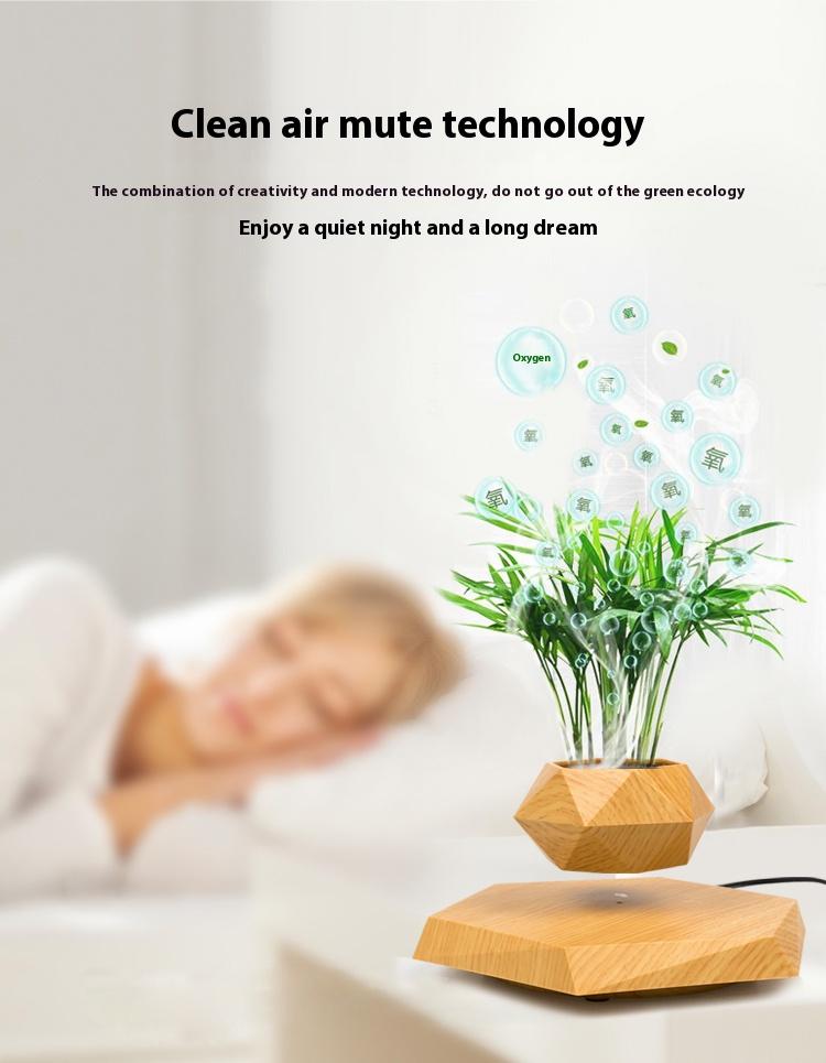 Cool Magnetic Levitating Plant Pot, 360° Rotating Floating Flower Pot with Wooden Texture Base, Unique Home & Office Desk Accessory