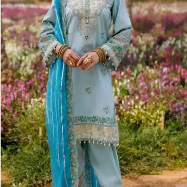3pc stitched beautiful lawn suit with chickenKari embroidery work and zari dupatta for wedding and partywear