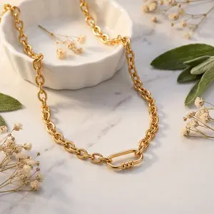 Heart Carabiner Charm Holder Necklace for Women by Ginger Lyne, 18KT Gold Plated Stainless Steel Oval Link Chain, Interchangeable Personalized Necklace, Easy to Add Your Charms, 18" Adjustable with 2" Extender