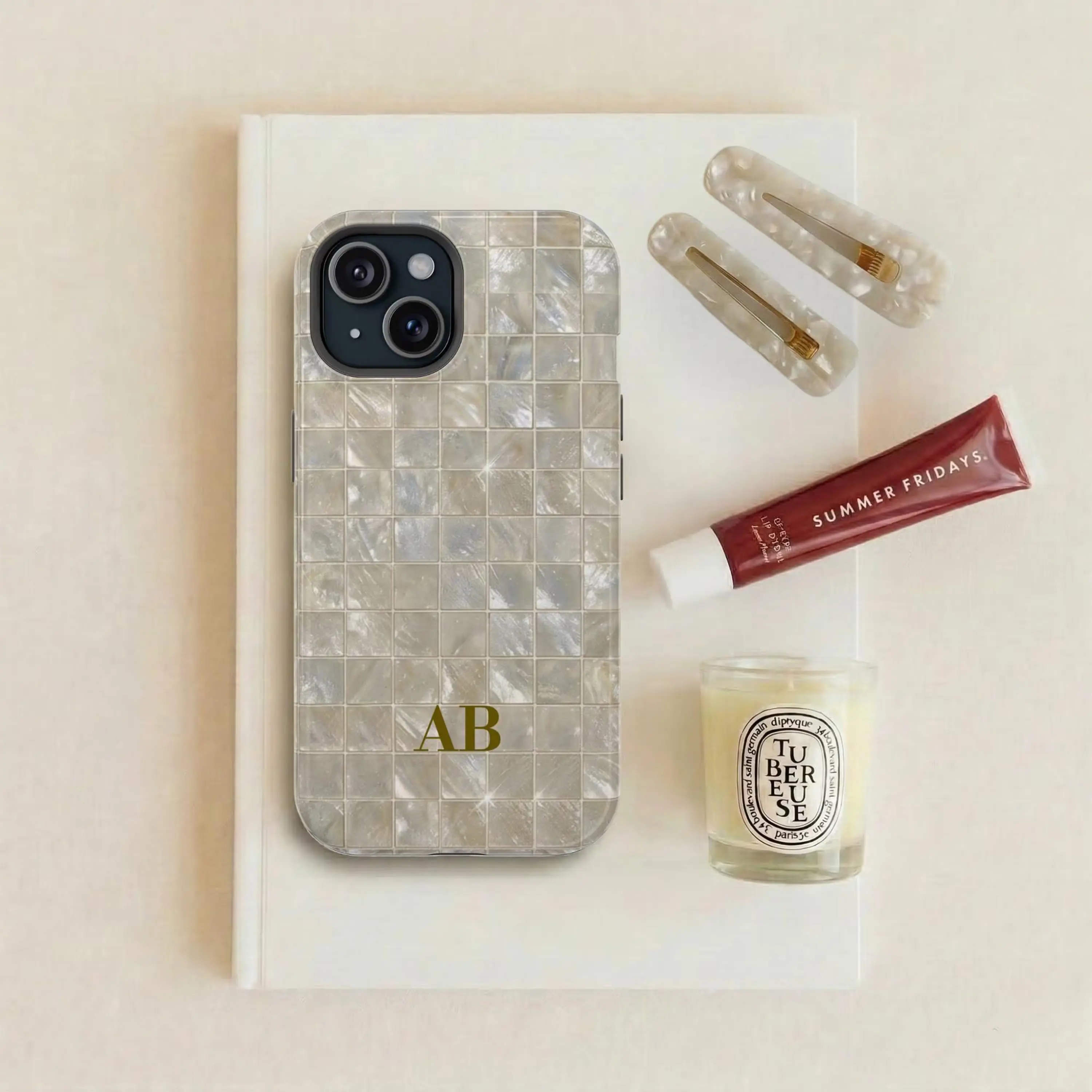 Personalized Pearl Inspired Print Phone Case, Marble Print Monogram MagSafe Phone Cover for iPhone 17 16 15 14 13 Pro Max
