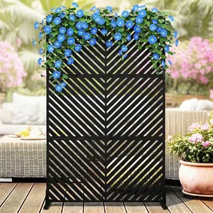 Freestanding Metal Privacy Screen Fence Panel - 78" H x 48" W Outdoor Rustproof Steel Divider - Modern Laser Cut Louver Design, Weatherproof for Patio, Garden, Balcony, Deck, Pool, AC Cover, Trash Can, Black Stripe ZY-004, 78X48 In