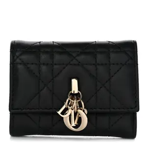 Pre-owned Dior Lambskin Cannage Small Leather Goods My Veronia Wallet Black