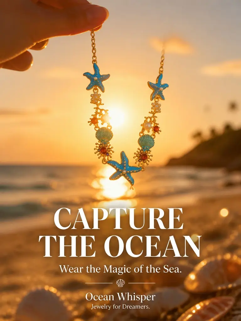 Women's Affordable Fashion Ocean Theme Coastal Boho Alloy Necklace - Short Length Adjustable Gold Chain Choker, Blue Enamel Starfish Charm, Shell, Artificial Pearl, Red Accents for Summer Beach Vacations, Chain Jewelry Necklaces, Coastal Boho Necklaces