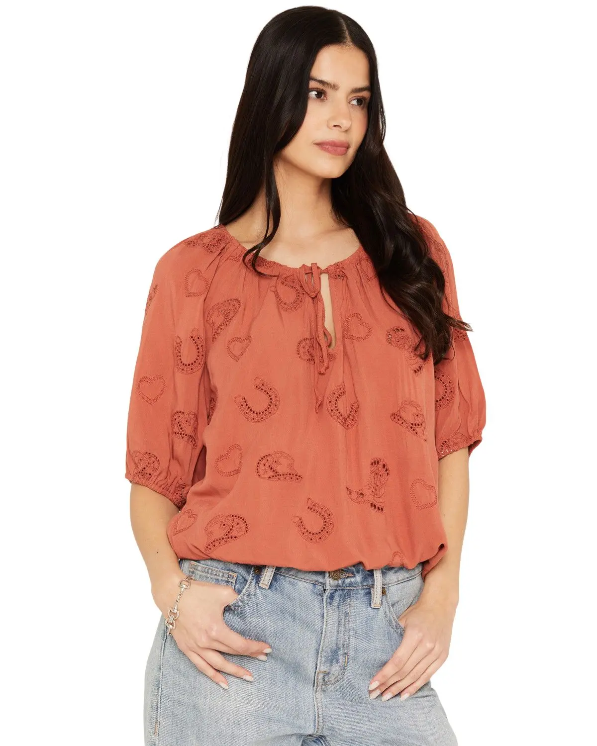 Wild Moss Women's Women'S Western Embroidered Cutout Short Sleeve Peasant - Ima5941-W2083