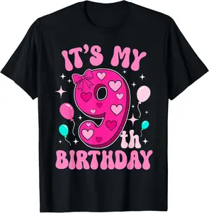 9 Year Old Pink Coquette Bow It's My 9th Birthday Girl T-Shirt