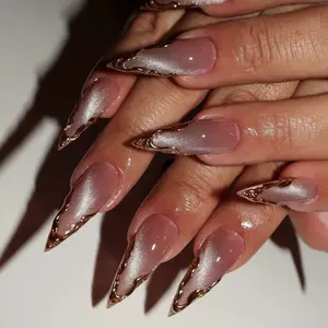24pcs Super Long Almond False Nails, Modern Elegant 3D Gold Foil Cat Eye Design, Diy Nail Art, Complete Set for Daily Use & Music Festivals