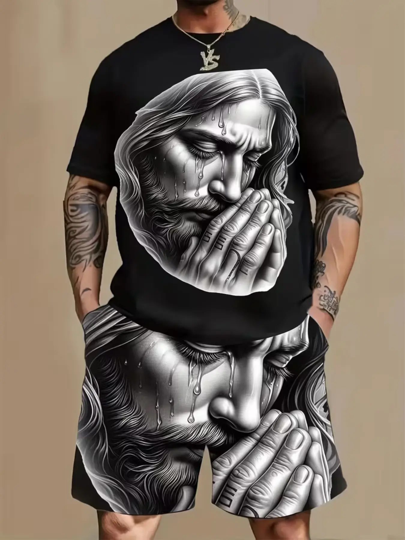Jesus Prayer Print Street Style Stylish Streetwear Menswear Fashion Men's Short Sleeve Set, Casual Fitted Above Knee, Ideal for Daily and Formal Wear