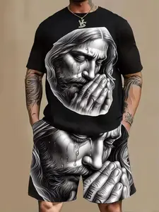 Jesus Prayer Print Street Style Men's Short Sleeve Set, Casual Fitted Above Knee, Ideal for Daily and Formal Wear