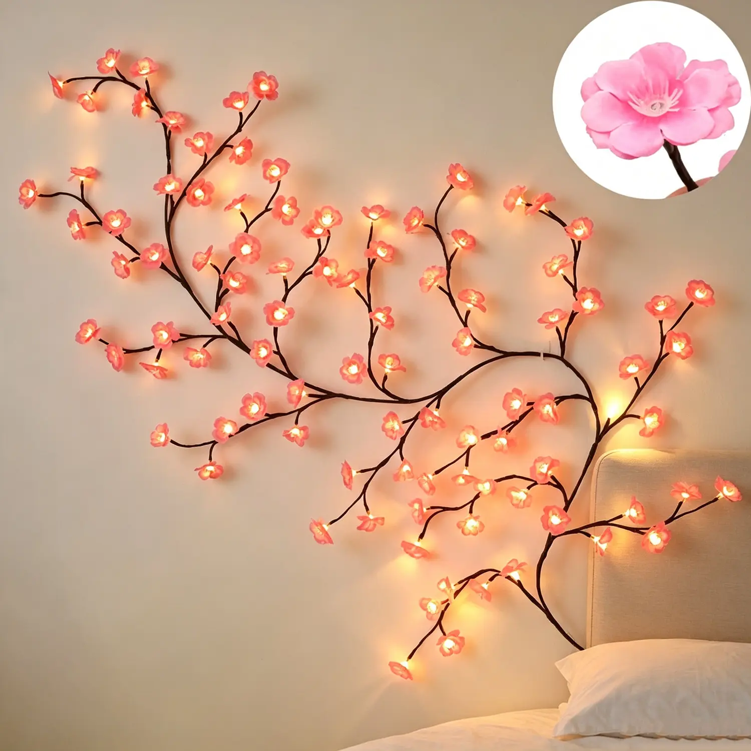 6FT Pink Sakura Blossom Lighted Vine with Wireless Remote, Bendable Tree Branch Wall Hanging Lamp, 8 Lighting Modes Cozy Floral Fairy Lights for Living Room Decor, Aesthetic Dorm, Festival & Birthday