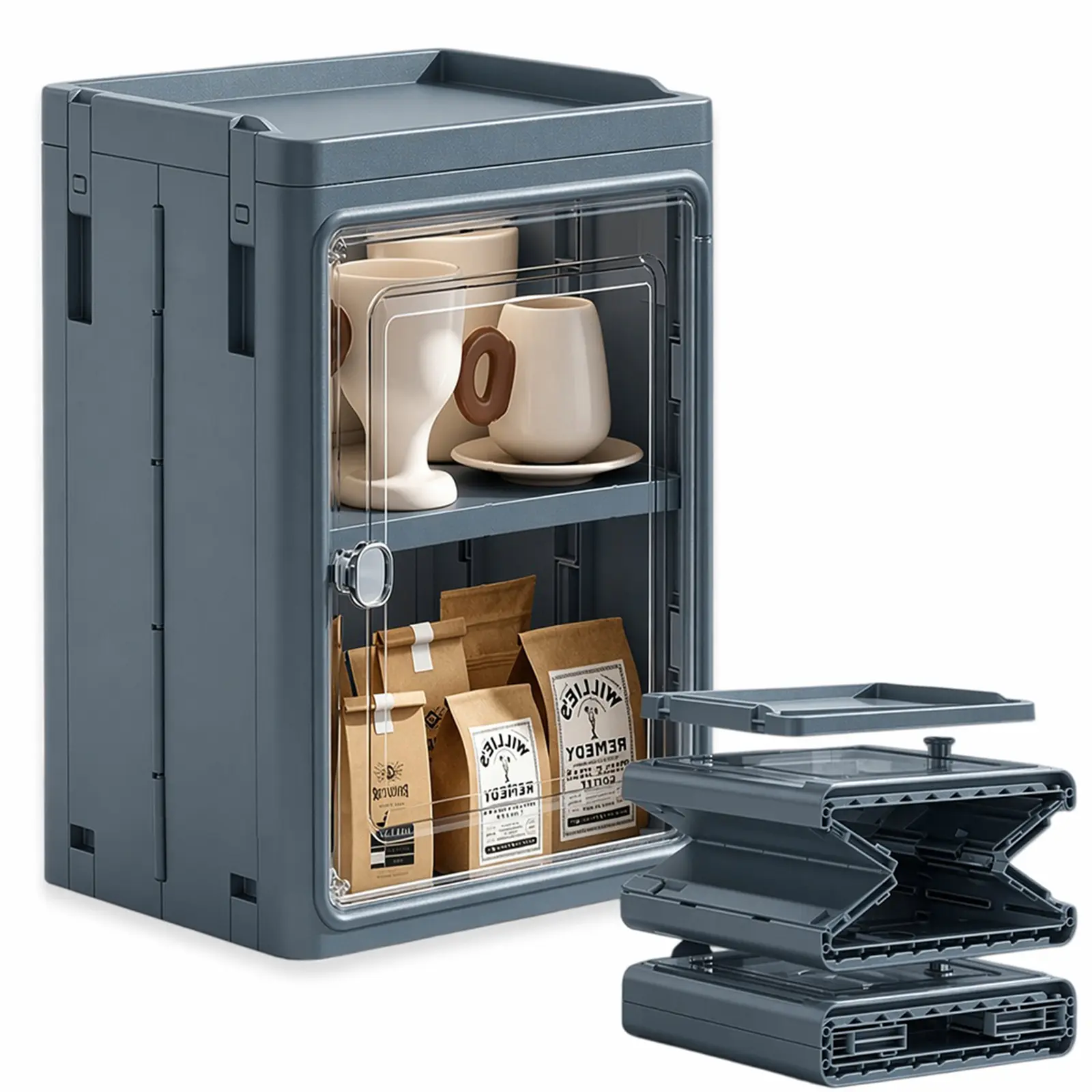 Gray 5-Tier Square Collapsible Plastic Storage Cabinets with Lids, Wheels, Lightweight Organiser Boxes, 154cm Tall Stackable Units for Living Room, Closet Organization