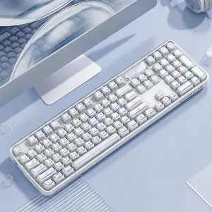 MOFii CrystalArc Tri-Mode Rechargeable Keyboard, White Transparent Full-Size Membrane Keyboard, Multi RGB Lighting Effects, Non Hot-Swappable, US QWERTY Layout