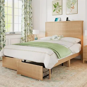 Yechen Boho Bed Frame with 55" Tall Fluted Headboard and 2 Storage Drawers, Natural Wood Platform Bed with Charging Station, Solid Wood Legs, Noise Free, No Box Spring Needed