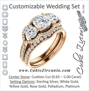 CZ Wedding Set, featuring The Hadley engagement ring (Customizable Cushion Cut 3-stone Design Enhanced By Halo and Pavé)