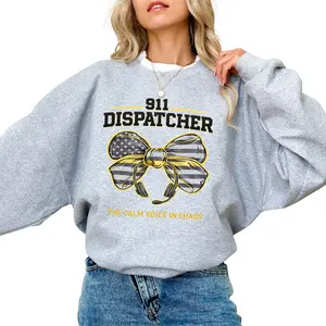[Made in USA] 911 Dispatcher The Calm Voice In Chaos Sweatshirt, Patriotic 911 Dispatcher American Flag Bow Graphic Crewneck Pullover, Trendy First Responder Dispatcher Sweatshirt, Emergency Dispatcher Crewneck Gift For 911 Operator