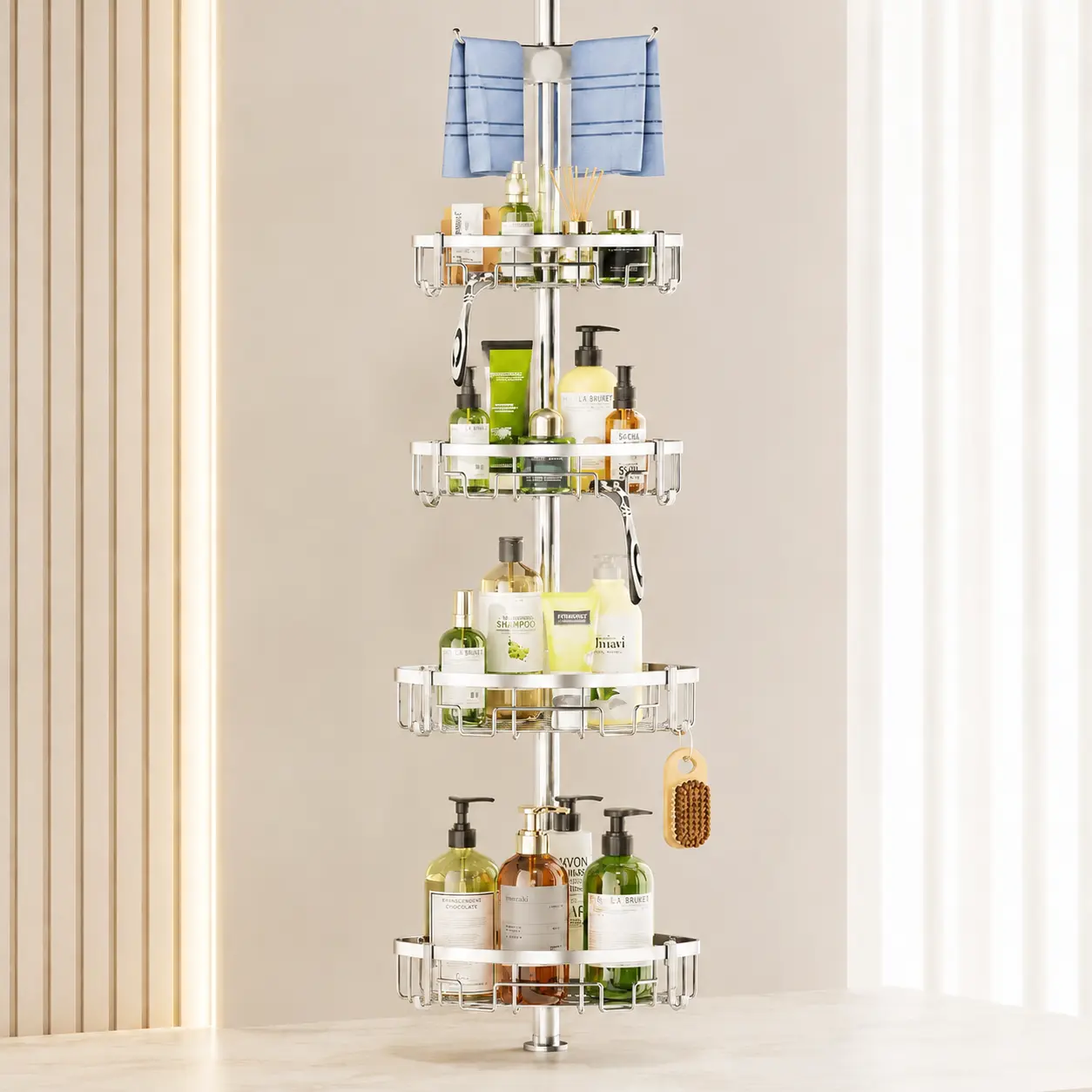 littleox Sliver 4-Tier Rustproof Corner Shower Caddy Tension Pole, Adjustable 62-115 Inch No Drill Bathroom Corner Storage Shelf, Bathtub Shower Organizer Rack for Shampoo Toiletry Bathroom Accessories