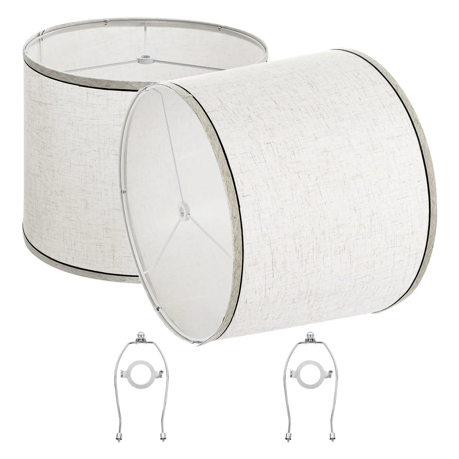 2-Pack Light Linen Lamp Shades with Black Edge, 11in Top x 13in Bottom x 10in High Spider Fitter, Medium Size with Harp, Replacement for Table & Floor Lamps