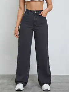 Women's Mid-Waist Wide Leg Straight Jeans Washed Boyfriend Pants, Multi-Pocket Loose Breathable Casual Simple, All Seasons Wear