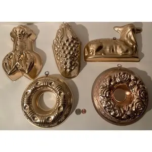 5 Vintage Metal Copper Colored Jello Molds, Kitchen Decor, Cooking, Hanging Display, Shelf Displays, Free Shipping in the U.S.