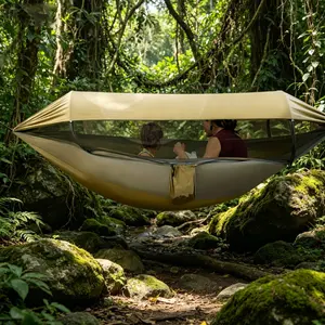 Anti-Mosquito Hammock with Sun Protection Canopy, 2-Person Quick Setup Camping Hammock, Lightweight Portable Nylon Swing Bed for Outdoor, Hiking, Backpacking, Picnic, Hammock with Mosquito Net, Portable Travel Hammock