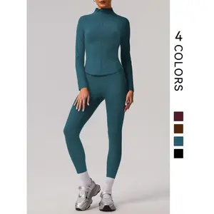 Two-Piece Set Women's Solid Zip Up Crop Jacket & High Stretch Yoga Leggings Tracksuit Set, Casual Sporty Breathable for Gym Workout Running, Ladies Sportswear for All Seasons
