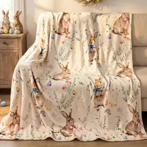 Easter Bunny Throw Blanket: Ultra Soft Flannel Plush Sketchy Spring Floral Bunny Bed Blanket, Lightweight Cozy Easter Blanket for Couch Sofa Bed Living Room Home Decor Gifts