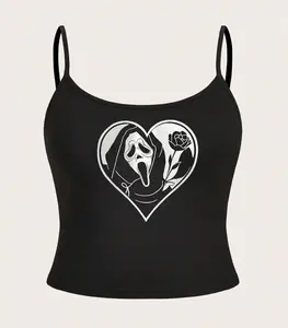 SHEIN EZwear Plus Size Women's Skull & Flower Pattern Black Cami Top Casual Sleeveless Tops, Summer Back To School Halloween