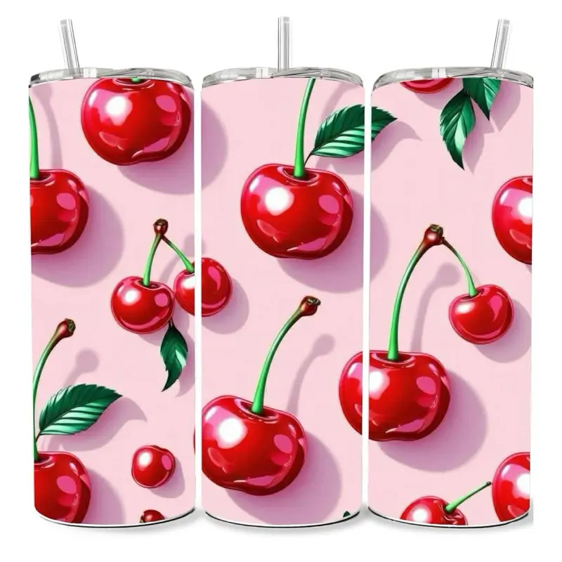 Cherries 20 oz Tumbler - Pink Background with Red Cherries and Green Leaves Design