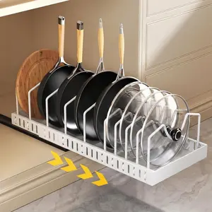 Expandable Slide-Out Pot & Pan Organizer | No-Drill Nano Adhesive Install | 10 M-Shaped Adjustable Dividers for Kitchen Cabinets & Pantries