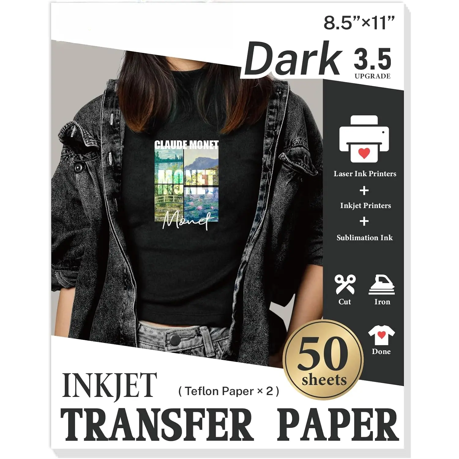Upgraded Version 3.5 Heat Transfer Paper for T Shirts 50 Sheets, 8.5" X 11" Printable Heat Transfer Vinyl,  Color & Durable Iron on Transfer Paper for Dark Fabric