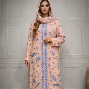 Women's Islamic Open Abaya with Peach Floral Print & Matching Scarf - Modest Women Clothing, Modest Dresses, Muslim Fashion, Clothes