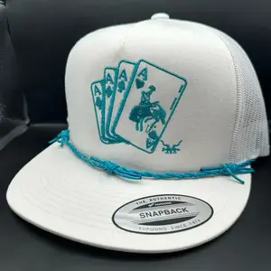 Turquoise Gambler Hat with Card Design, Adjustable Bracelet, and Snapback Closure (no front wires)