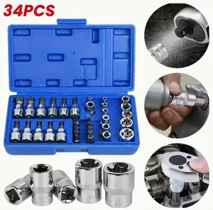 34pcs Torx Bit & E-Torx Socket Set 3/8-Inch Drive Cr-V E4E20,S2 T10-T60,Tamper Proof TT10-TT55, Includes 5/16"Fto 3/8"M Adapter-Professional Hand Tools for Auto Repair& DlY Projects