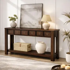 YJ-Garvee 59 Inch Farmhouse Entryway Console Table with 2 Drawers and 2-Tier Open Shelf, Narrow Sofa Table for Hallway, Living Room, or Foyer, Featuring Reinforced L-Shape Legs and Rustic Brown Finish&Brown Color Blocking