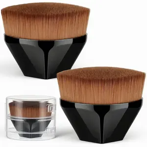 2PCS Flat Top Foundation Brush - Vegan Bristles for Streak-Free Liquid Makeup, Black Hexagon Design with Travel Case