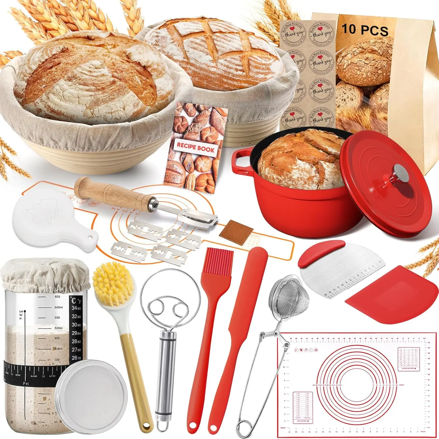 Sourdough Starter Kit with Pot, Sourdough Bread Baking, Bread Making Kit for Beginners, Banneton Bread Proofing Baskets for Home and, Making Tools Kit