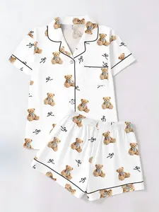 Spring Summer Women's Sleepwear Set, Bear & Bowknot All over Print, Fitted Cardigan and Short Pants, Casual Home Wear, Casual Comfy Pajama