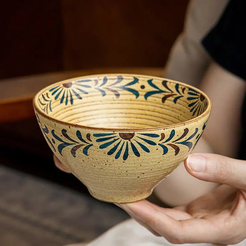 1pc Threaded Rice Bowl, 5-Inch Irregular Shape, Vintage Ceramic Bowl for Home Use, Non-Bone China, Retro Style Diningware