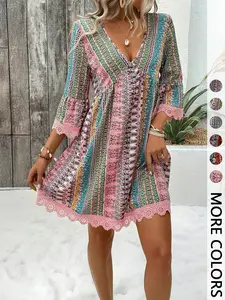 Women's Bohemian Style Chic Vacation Valentine's Day V-Neck Long Sleeve Lace Trim Dress, Elegant Party Wear, Comfortable & Stylish