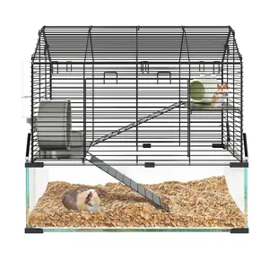 3 Tiers Large Hamster Cages, Metal Guinea Pig Cages Habitat With 4pcs Hamster Cages Accessories, Transparent Small Animal Habitat for Rodent, Guinea Pigs,Chinchilla, Amster, Hedgehog-Metal and Glass
